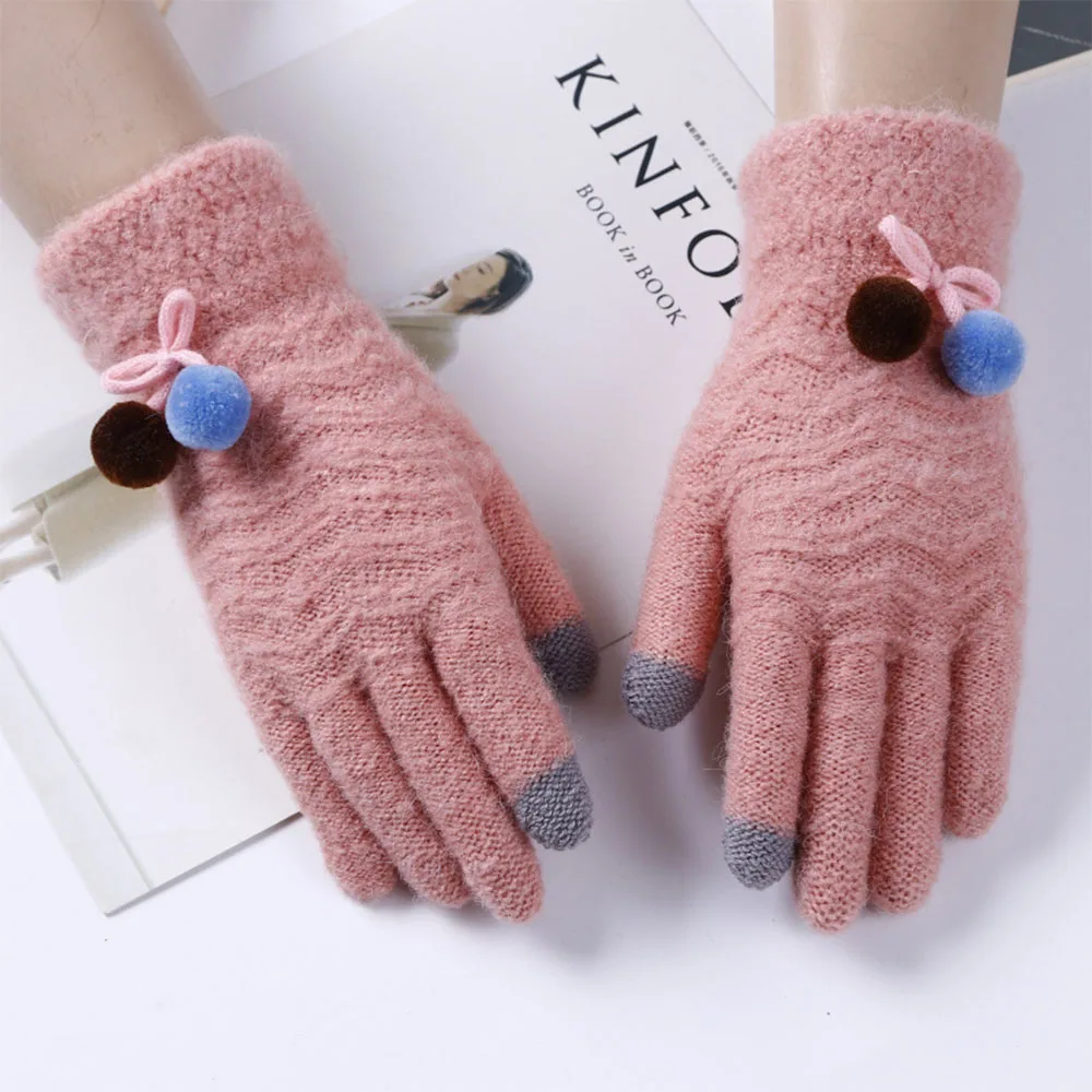 Women Touch Screen Full Finger Glove Winter Gloves Stretch Knit Mittens with PomPom Imitation Wool Keep Warm Female Mittens - Цвет: 6