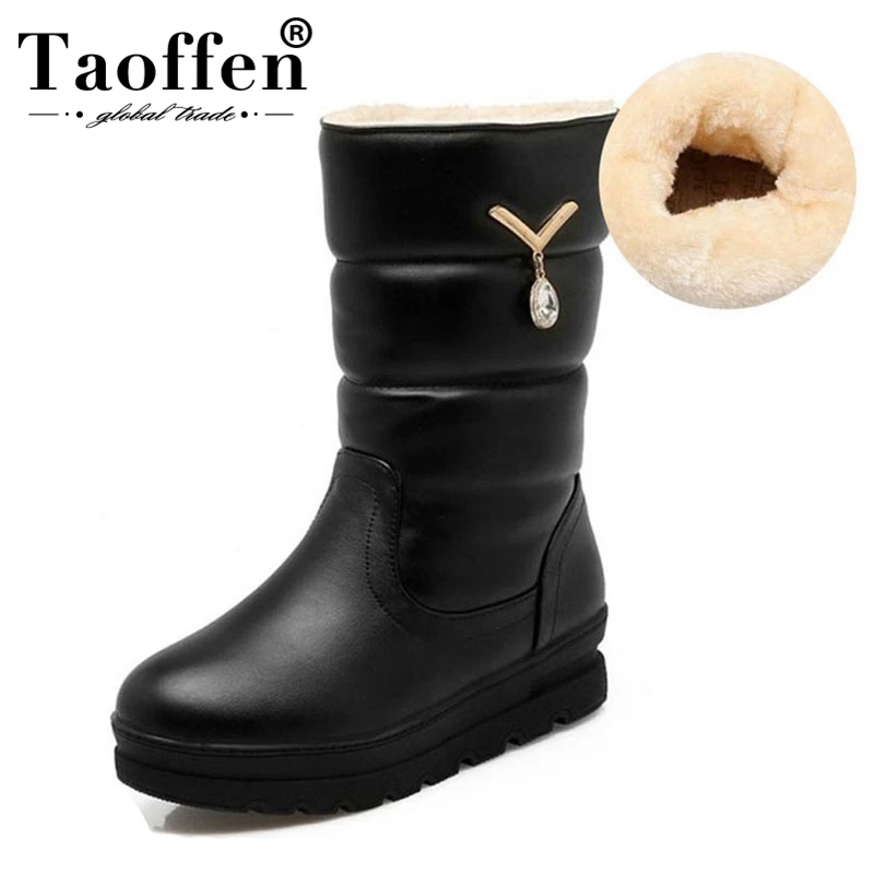 

TAOFFEN New Winter Warm Snow Boot Woman Platform Fur Cotton Shoes Flat Heels Mid Calf Boots Women Bootines Mujer Size 33-42