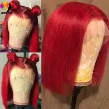 Remyblue Short Bob Red Straight 13X4 Lace Front Human Hair Wig Pre Plucked Hairline Peruvian Remy Burgundy Wig With Baby Hair