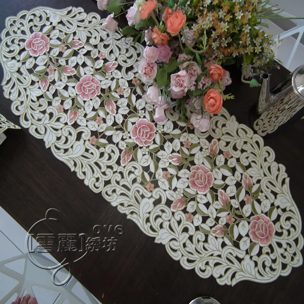 

Rustic fashion embroidery fabric dining table cloth coffee table runner cutout cover towel pink rose
