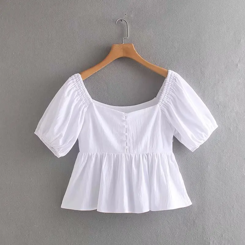 

new women sweet v neck buttons white blouses shirts women lantern sleeve pleat ruffles blusas chic summer tops LS3898