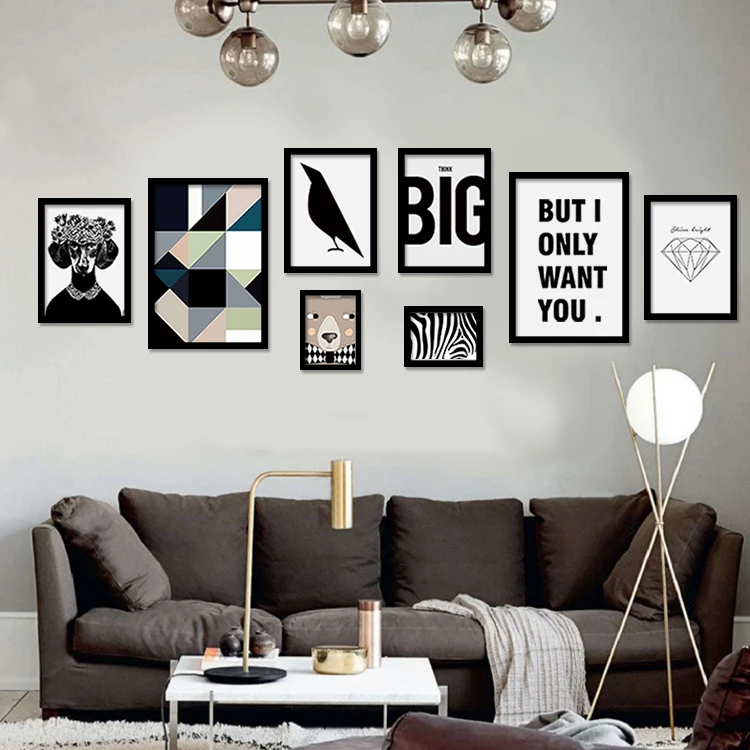 

8pcs/set Modern Nordic think big letter Black Bird Animal Art Prints Poster Cartoon Wall Pictures Canvas Painting No Framed