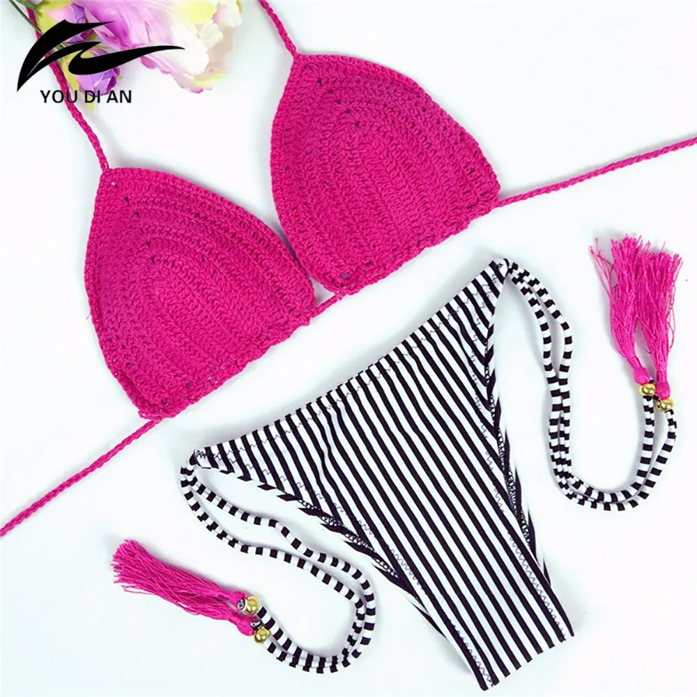 

2017 Sexy Womens Crochet Bikini Set Women Swimsuit Handmade Knitted Red Bra String Striped Print Bottom Bikini Push Up Swimwear