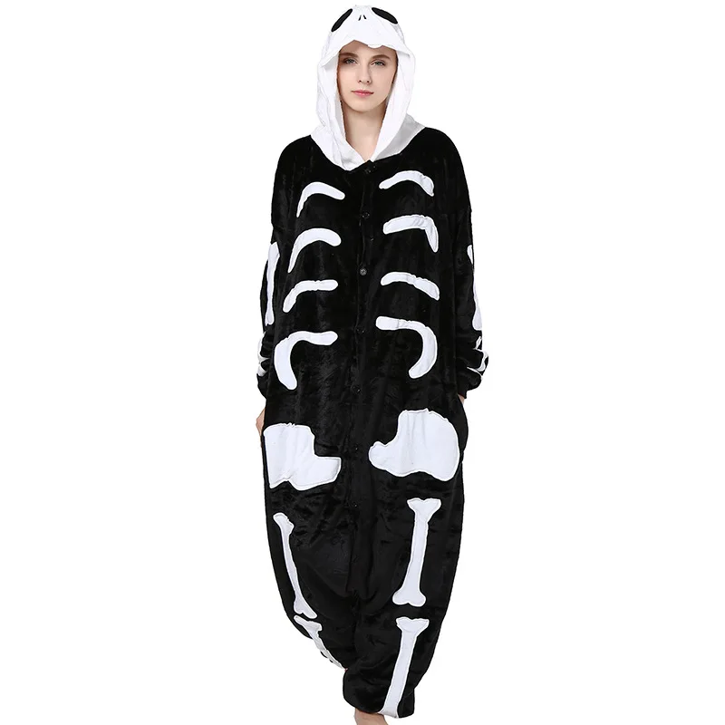 Комбинезон кигуруми со скелетом для взрослых и женщин; Пижама с животными; фланелевая теплая мягкая одежда для сна; зимняя теплая Пижама для косплея - Цвет: Черный