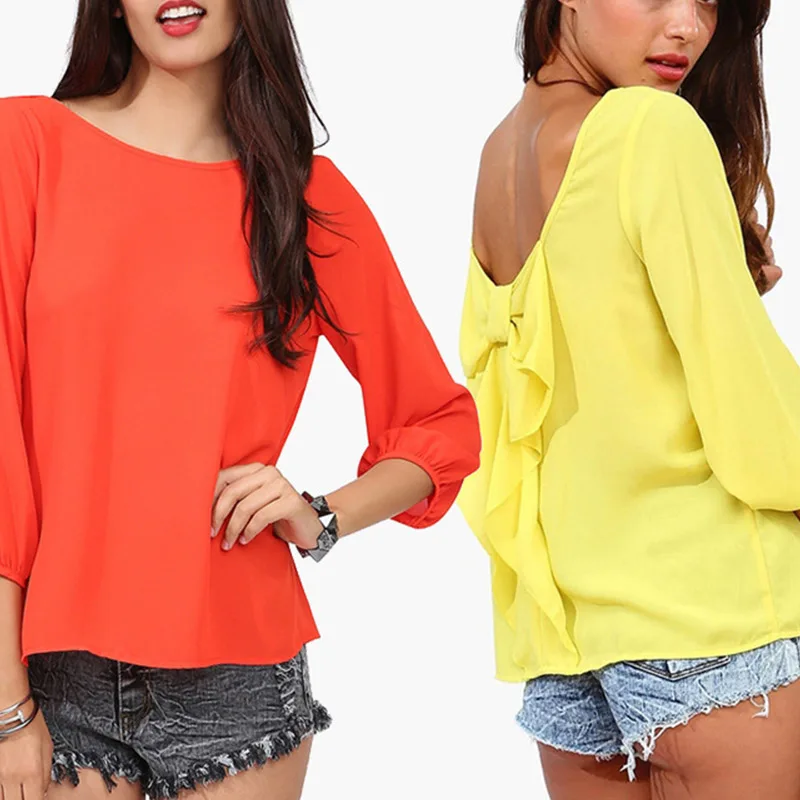 

Spring Summer Women Soild Long Sleeve Chiffon Blouse Backless Bowknot Lady Blouse Plus Size S-6XL XRQ88