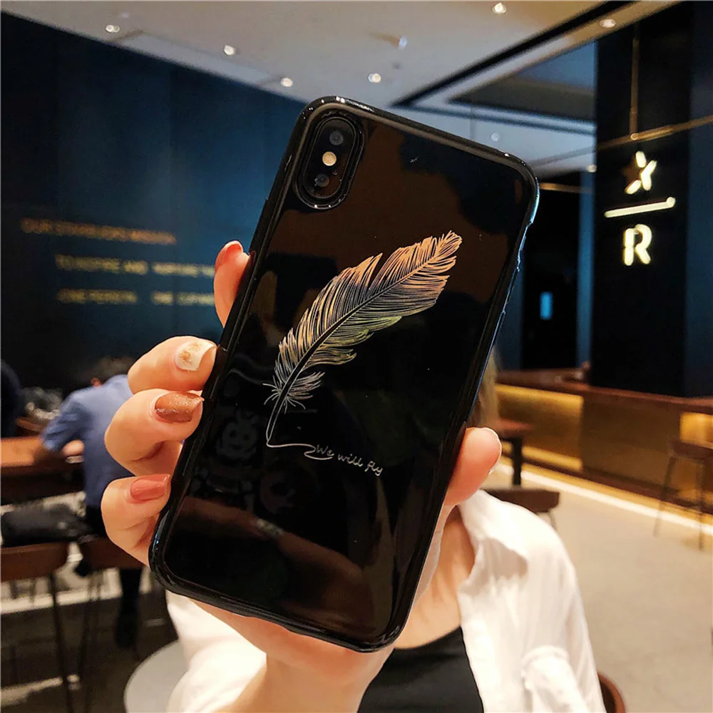 Heyytle بلينغ ريشة الهاتف حقيبة لهاتف أي فون XR XS ماكس X 7 8 6 6 s زائد تصفيح الذهب حالة 8 زائد الترا سليم لينة السيليكون الغطاء الخلفي