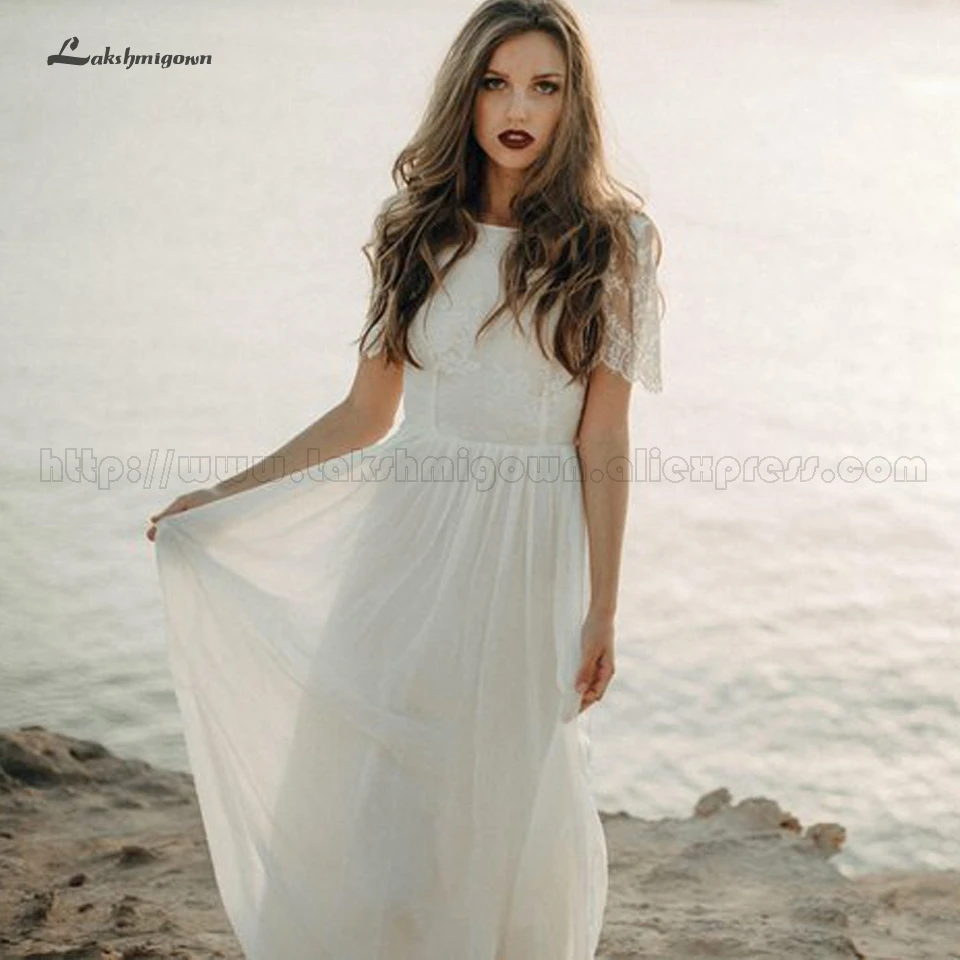 Lakshmigown стильное богемное свадебное платье, Пляжное, свадебное кружевное платье с коротким рукавом, открытая спина, длина до пола