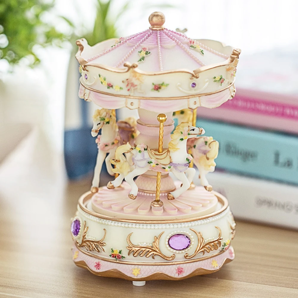 

Swivel Romantic Luxury Carousel Toys Decor Valentine's Day Resin Wedding Gifts Clockwork Mechanism Kid Music Box LED Light Home