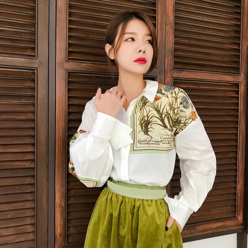  [EAM] 2020 New Autumn Winter Lapel Long Sleeve Print Pattern Single Breasted Irregular Shirt Women 