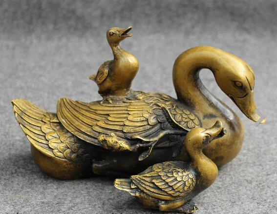 

wan67027+++8" Chinese Bronze Lotus Quack-quack Sculpture Bird Quacker 3 Duck Family Statue