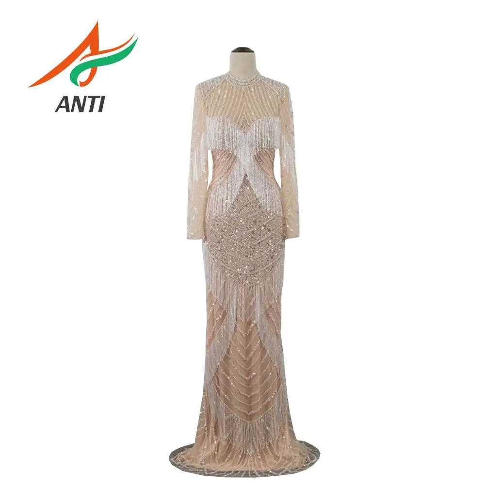 

ANTI Evening Dress 2019 Champagne Luxurious Beading Arabic Floor-length High Split Mermaid Formal Party Gowns robe de soiree New