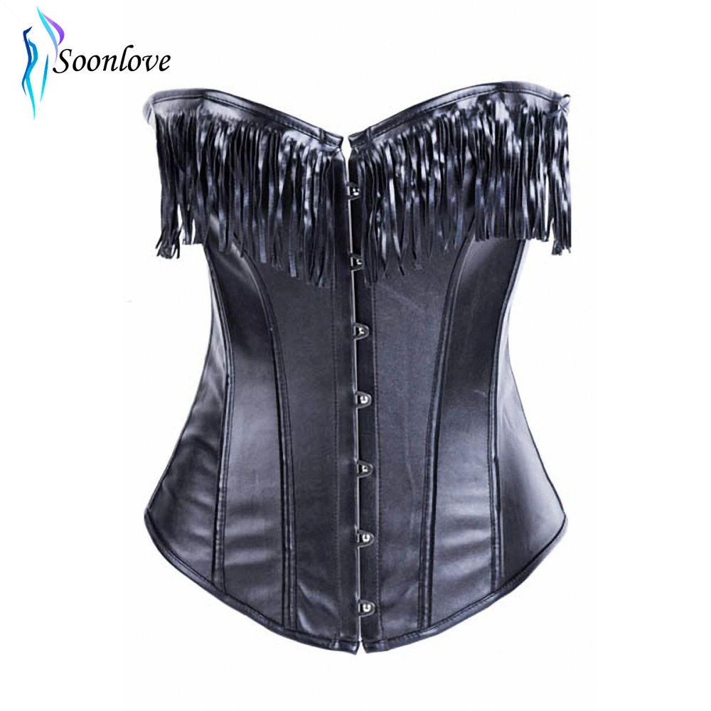 Free Shipping Black Tassel Fringe Faux Leather Corset Lace Up Bustier 