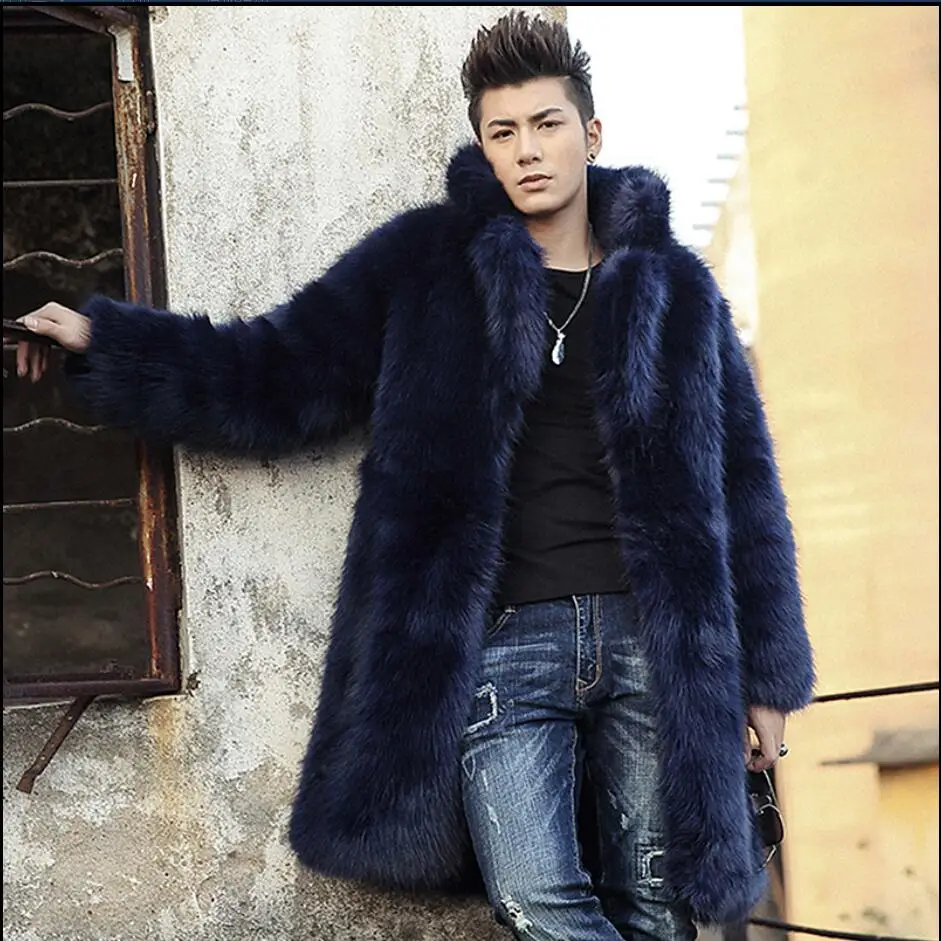 

S-3XL New fashion men winter faux fox plush long coat men's mink fur coat winter loose thicken overcoats singer stage costumes
