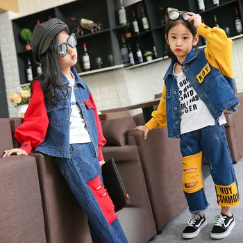 

2018 spring teenage girls clothing set coat +pants denim kids clothes fashion cool costume