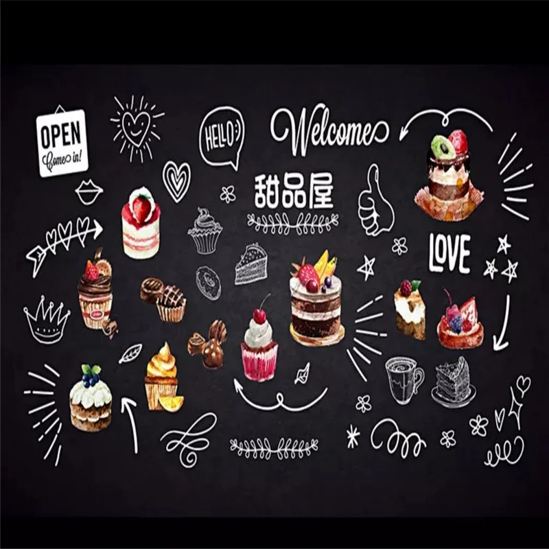 

Custom Wallpapers - Vintage Hand Painted Dessert Blackboard Cake Shop Background Wall Painting - High End Wall Cloth