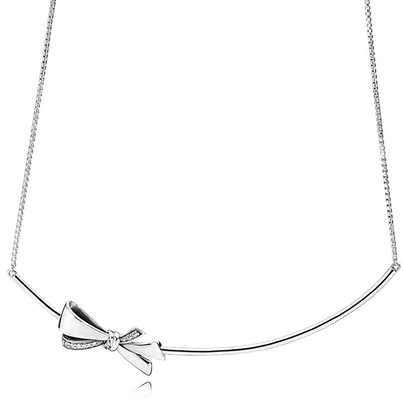 

925 Sterling Silver Pandora Necklace Brilliant Bow With Sliding Clasp Necklace For Women Wedding Gift Europe Jewelry