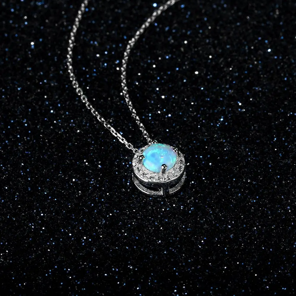 New 2017 Women Pendants&Necklace Round Blue Opal with Genuine 925 Sterling Silver Jewelry Elegant Gift (JewelOra NE102694)
