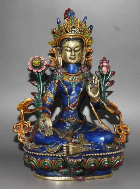 Tibet Buddhism Cloisonne Enamel Bronze Tara Guan Yin Buddha Statue