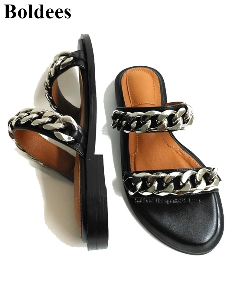 

Fashion Black Soft Leather Flat Heel Sandals Woman Summer Open Toe Silver Chains Decorations Slip On Flat Sandal Shoes Rome Shoe