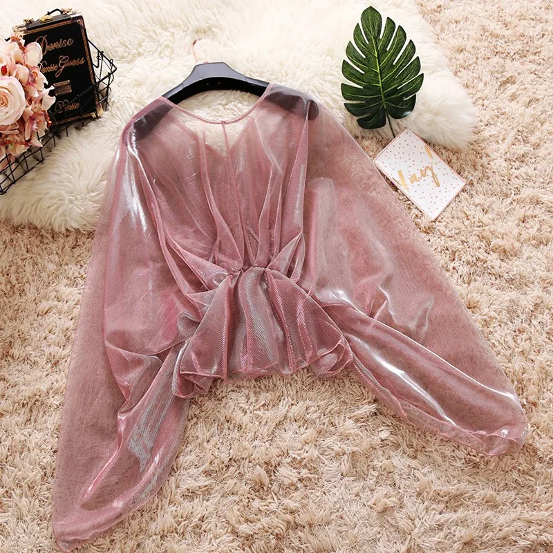 2018 summer new female V-neck ruffles Mesh shirt women's batwing sleeve waist sweet Flounced sun protection shirts women blouse