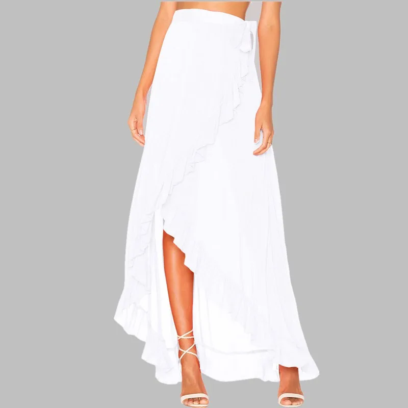 Женская Бохо Асимметричная юбка юбки летние с высокой талией длиной до щиколотки однотонные гофрированные шифоновые юбки