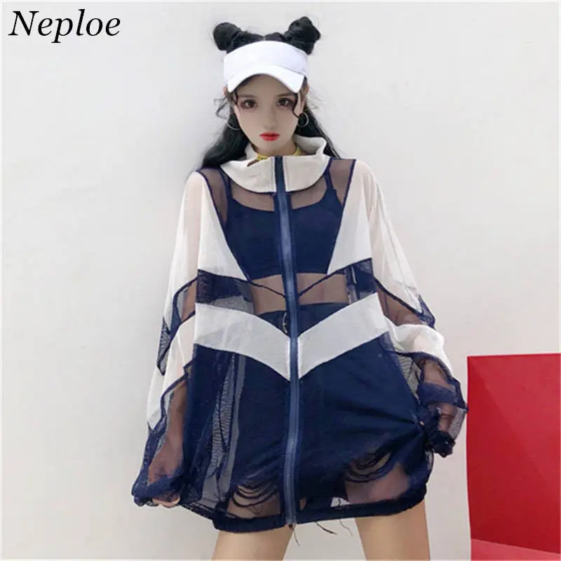 

Neploe Summer Sun-protective Jacket Contrast Color Coat 2019 New Thin Causal Outerwear Woman Sexy Perspective Jackets 35886