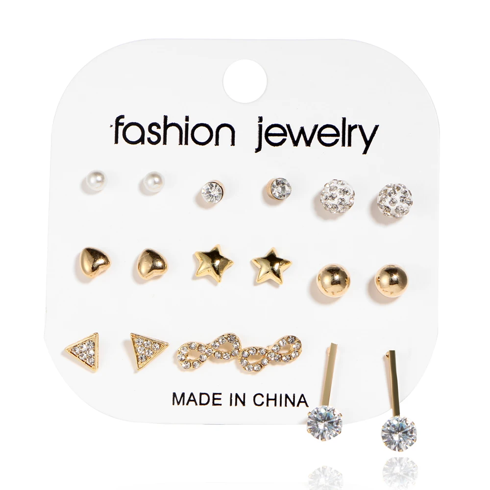 

IF ME Trendy Stud Earrings Mix Infinity Heart Star Ball Triangle Simulated Pearl Bowknot Crystal Earring Set Women Jewelry Gifts