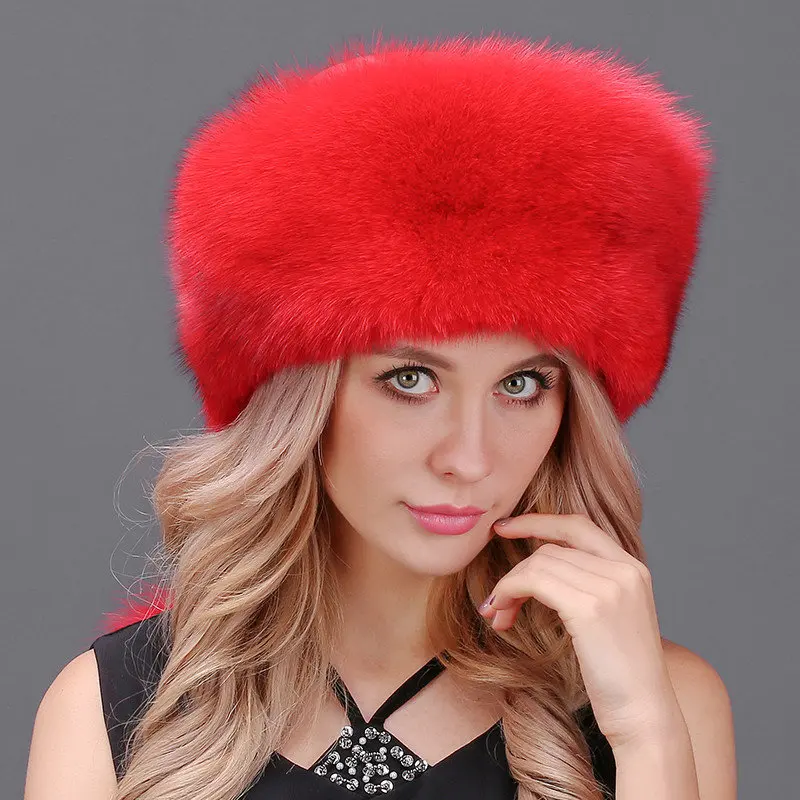 Женская шапка, зимние шапки, натуральный Лисий мех, помпон, шапки, женские шапочки, шапка из натурального меха енота, вязаные шапочки Skullies Beanies - Цвет: red