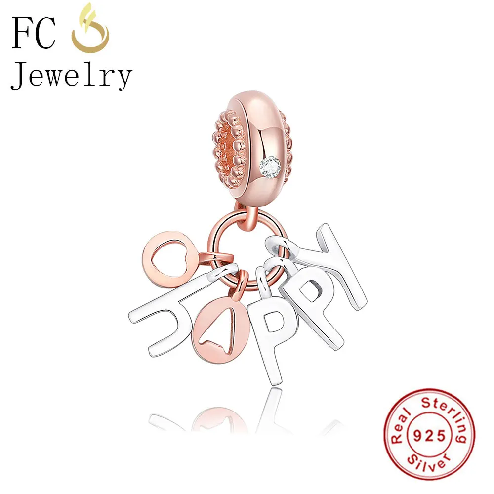 

Two Tone Rose Happy Letters Hanging Pendant Charm Bead European 925 Silver Fit Original Pandora Charms Bracelet DIY Jewel Making