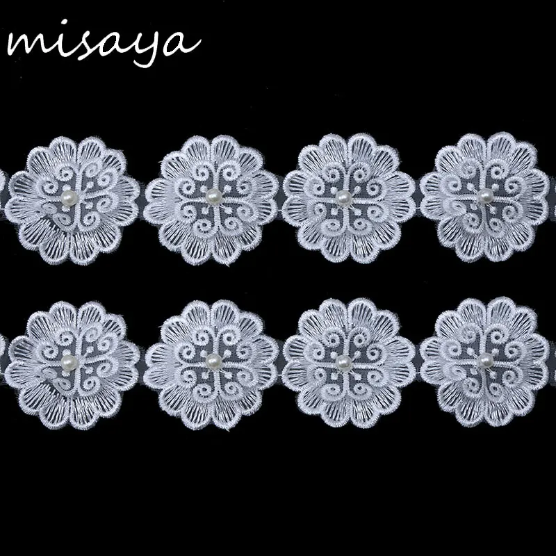 Misaya 1Y Round Flower Lace Fabric With Imitation Pearl DIY Handmade Weeding Accessories Decorated Ribbon Trim Diameter 4.5cm | Дом и сад
