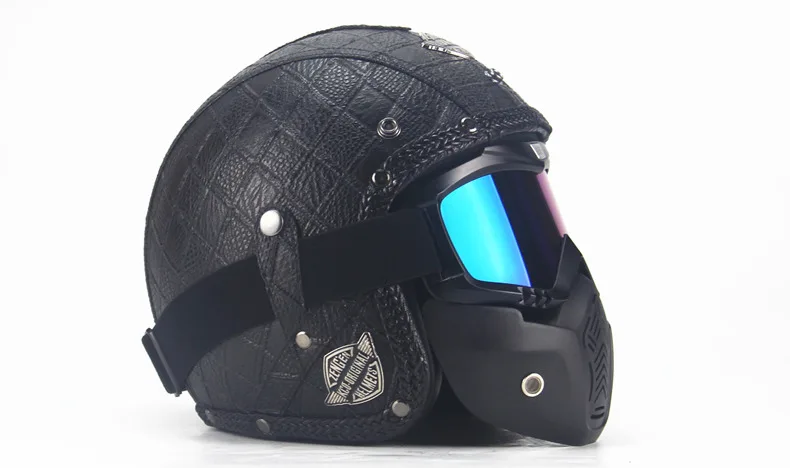 Черный взрослый открытый лицо половина кожаный шлем мото мотоциклетный шлем винтажный мотоциклетный мотоцикл