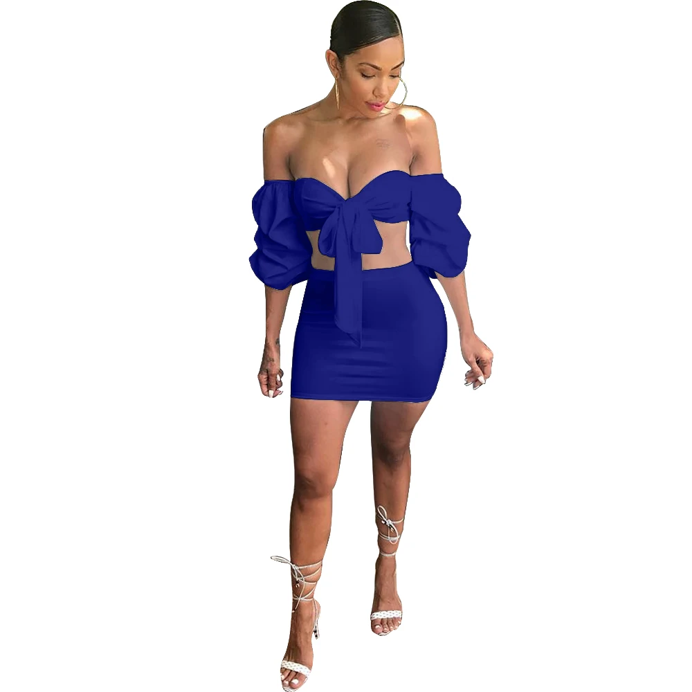 royal blue Wantmove, Летний Модный женский костюм из 2 предметов, сексуальный топ с открытыми плечами и пышными рукавами, мини-платье, костюм из двух предметов JZ038 - Цвет: royal blue