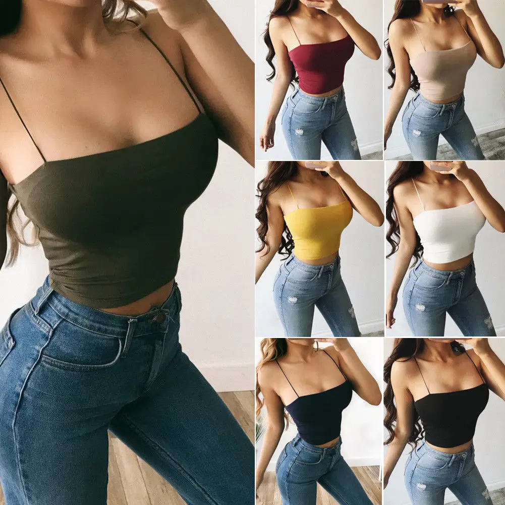 

Women Fashion Summer Tanks Crop Tops Casual Solid Strap Crop Camis Sleeveless Vest Short Tops Clothes