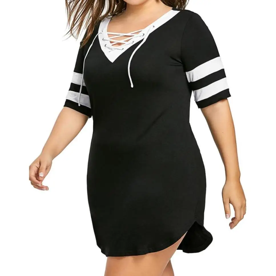 Платья для женщин размера плюс 4Xl 5Xl 6Xl, женское платье большого размера в стиле пэчворк с перекрестными лямками и v-образным вырезом, мини-платье с коротким рукавом 7#20 - Цвет: Черный