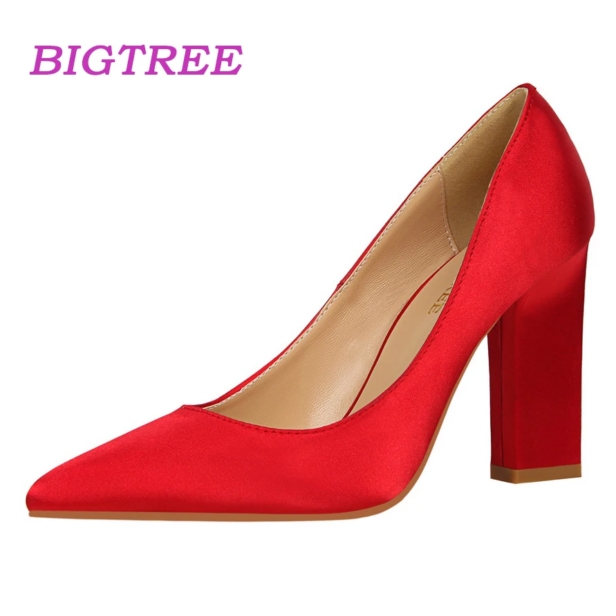 

BIGTREE Brand 2017 Women Luxury Office Suede Pumps Female 9.5cm Block Square High Heel Scarpin Pumps Valentine Cheap Shoes