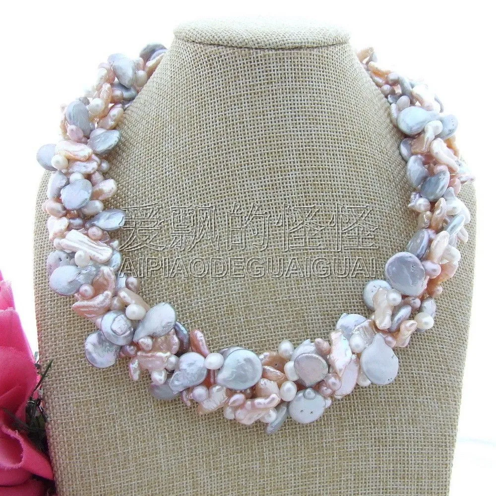 

N102607 19" 4 Strands Gray Coin Pearl Biwa Pearl Pearl Necklace