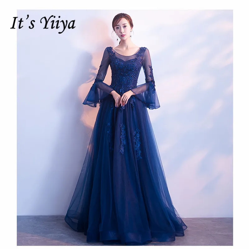 

It's YiiYa Evening Dress 2019 Royal Blue Embroid Beeding Slim Long Women Party Dress Flare Sleeve Robe de Soiree Plus Size E501