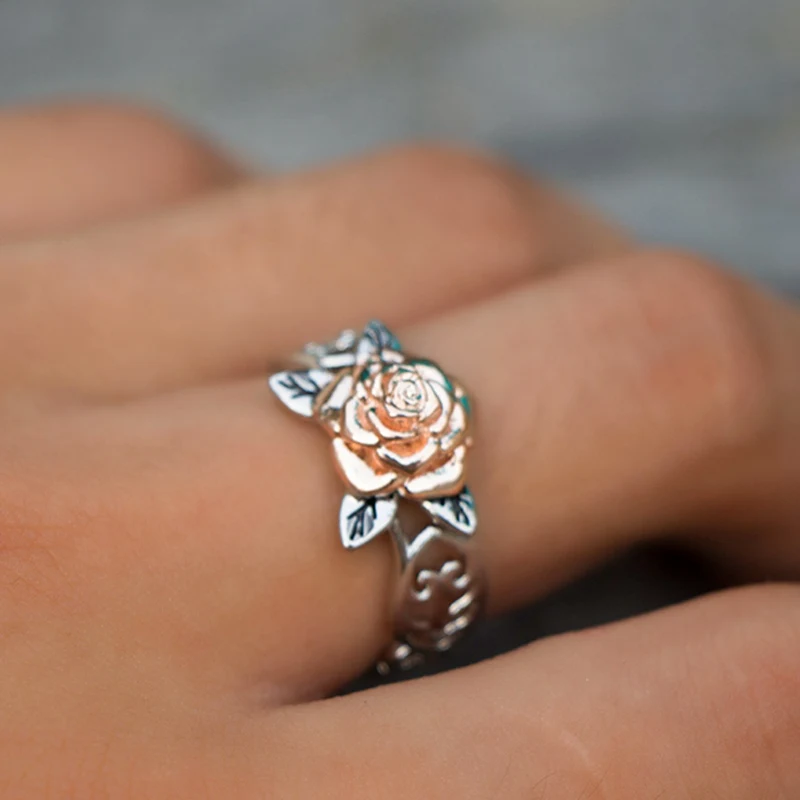 Полые розы, цветы, кольцо для женщин, винтажное креативное двухцветное розовое золото, серебро, свадебные кольца, ювелирные изделия
