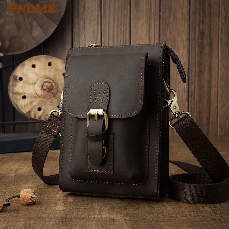 

PNDME simple retro genuine leather men's waist packs belt bag casual multi function crazy horse cowhide small shoulder bag 2019