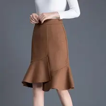 Модная Офисная Женская юбка с неровными оборками, высокая талия, 4xl, верблюжья черная шерстяная юбка-труба, Шерстяные Юбки До Колена Для Женщин