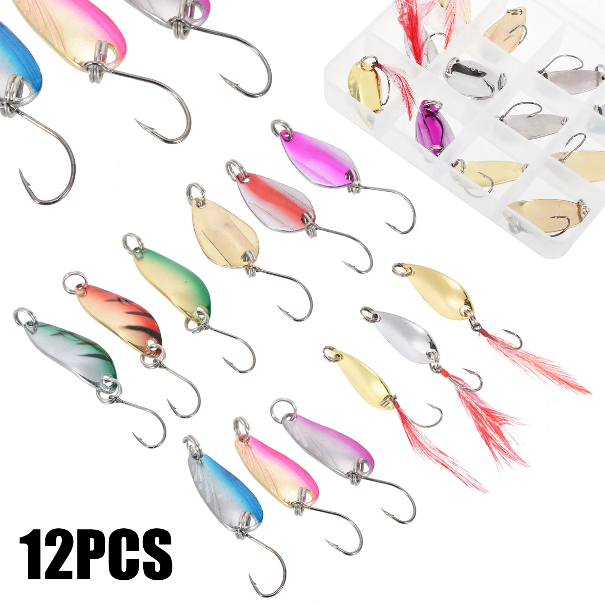 New 12Pcs Colorful Metal Spoon Lure Spinner Bait Hard Sequins Fishing Tackle Box For Trout Artificial Trout Lure Tackle Set