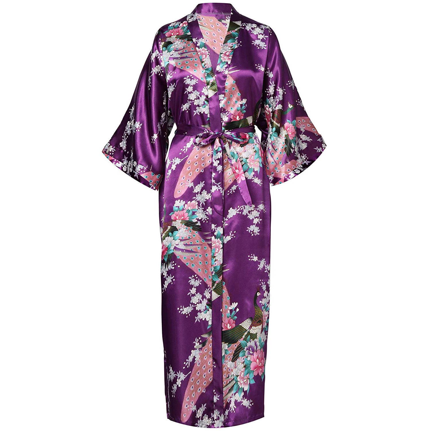 Gray Women Long Printed Robe Floral&PEACOCK Bride Bridesmaid Dressing Gown Rayon Sleepwear Leisure Kimono Bathrobe Wedding Gift