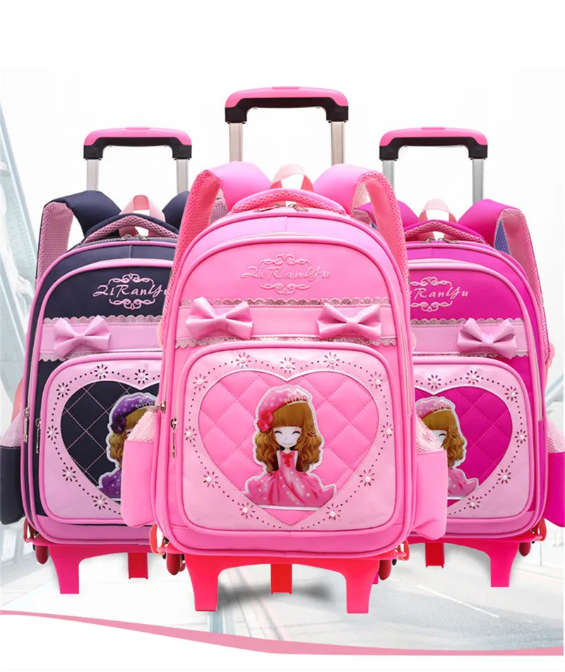 Дети девочки Тележка школьный Чемодан колесные сумки книгу рюкзак последнее съемный детей школьные сумки с 2/3 колеса Лестницы
