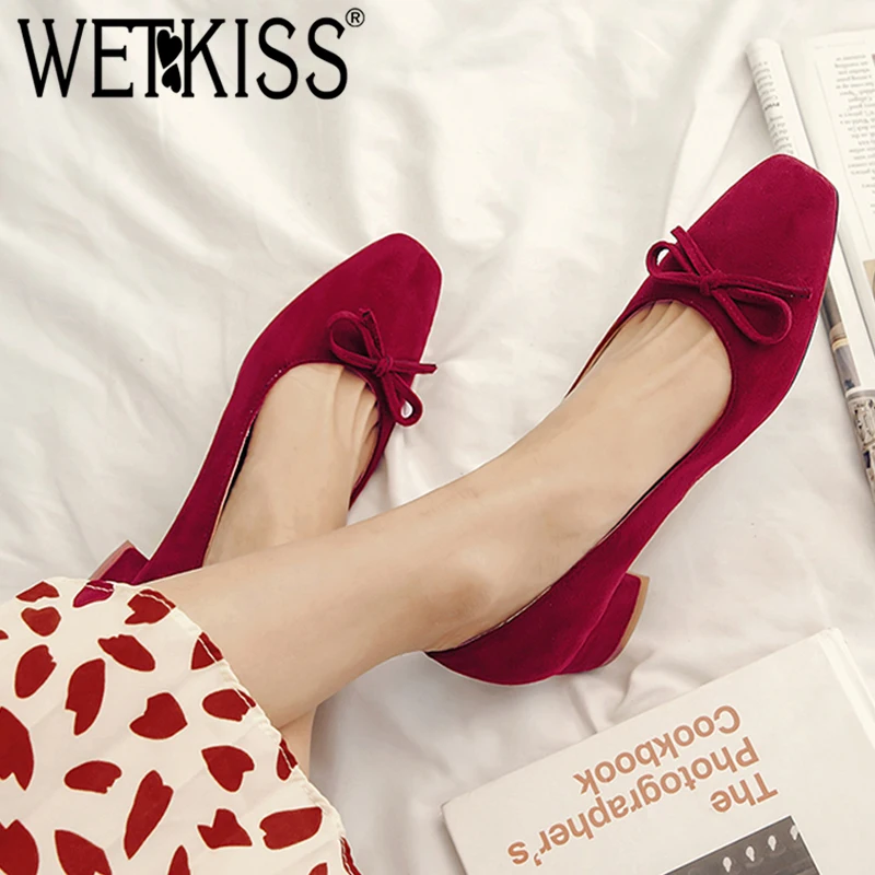 

WETKISS Thick Med Heels Pumps Women Square Toe Butterfly Knot Footwear Shallow Shoes Female Flock Shoes Woman 2019 New Spring