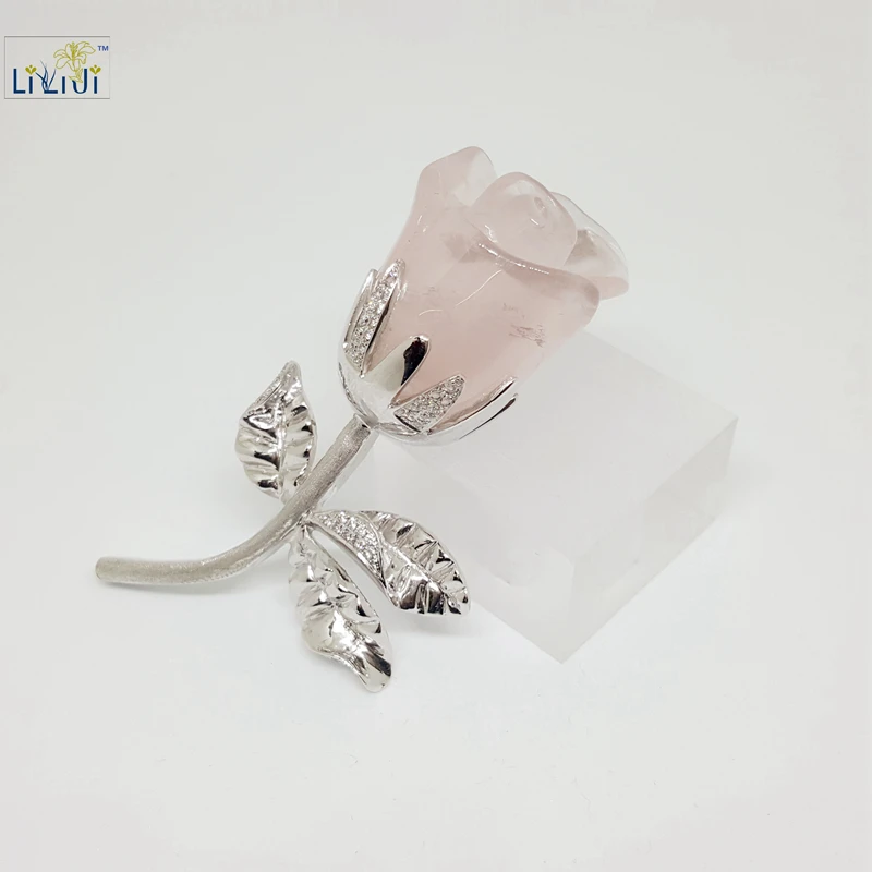 LII Ji натуральный розовый кварц с стерлингового серебра 925 Роза фигурная брошь