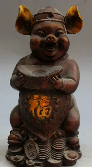 

JP S62 8" Old Chinese Bronze Wealth Stand Pig Fu Zhu Ba Jie God King immortal Statue