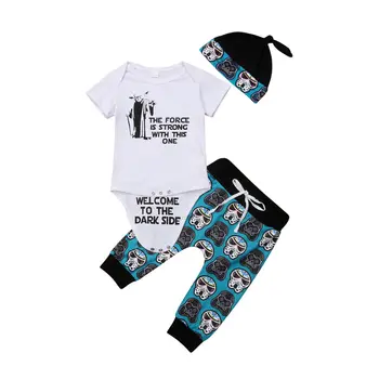 Newborn Baby Girl Clothes Short Sleeve Cotton Bodysuit Tops Skull Print Long Pant Hat 3PCS Outfits Baby Clothing Set 1