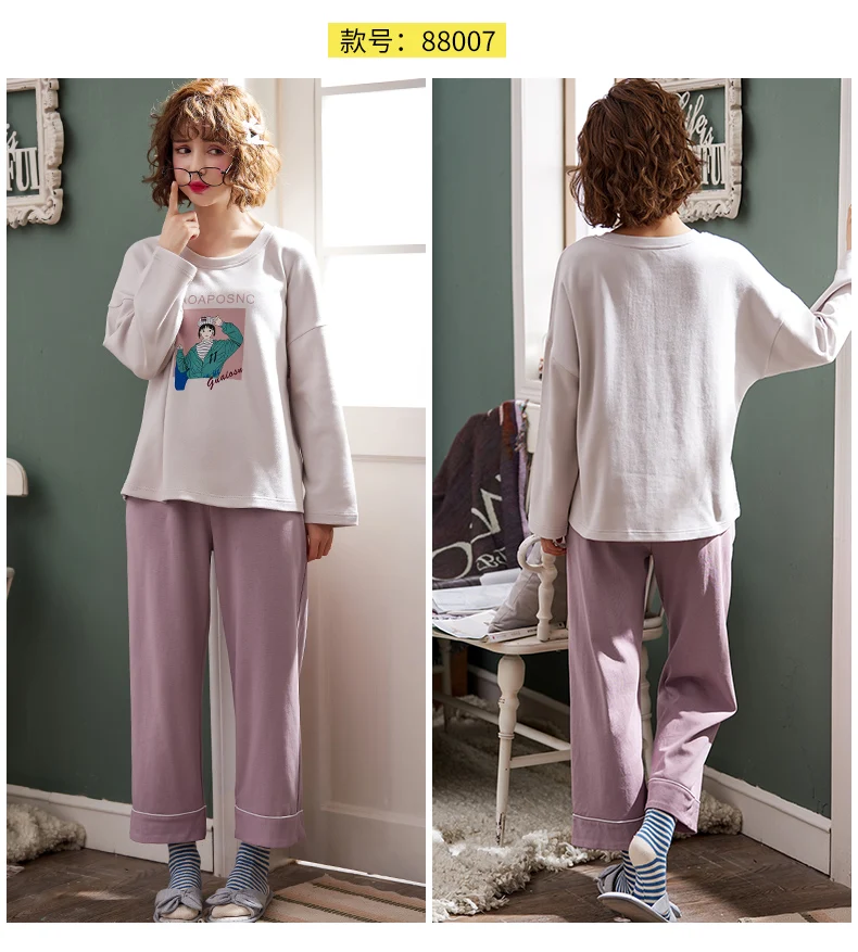 Большой размер women женская пижама, комплект, весна-осень, длинный рукав, пижама из чистого хлопка, женская одежда для сна, милые пижамы с