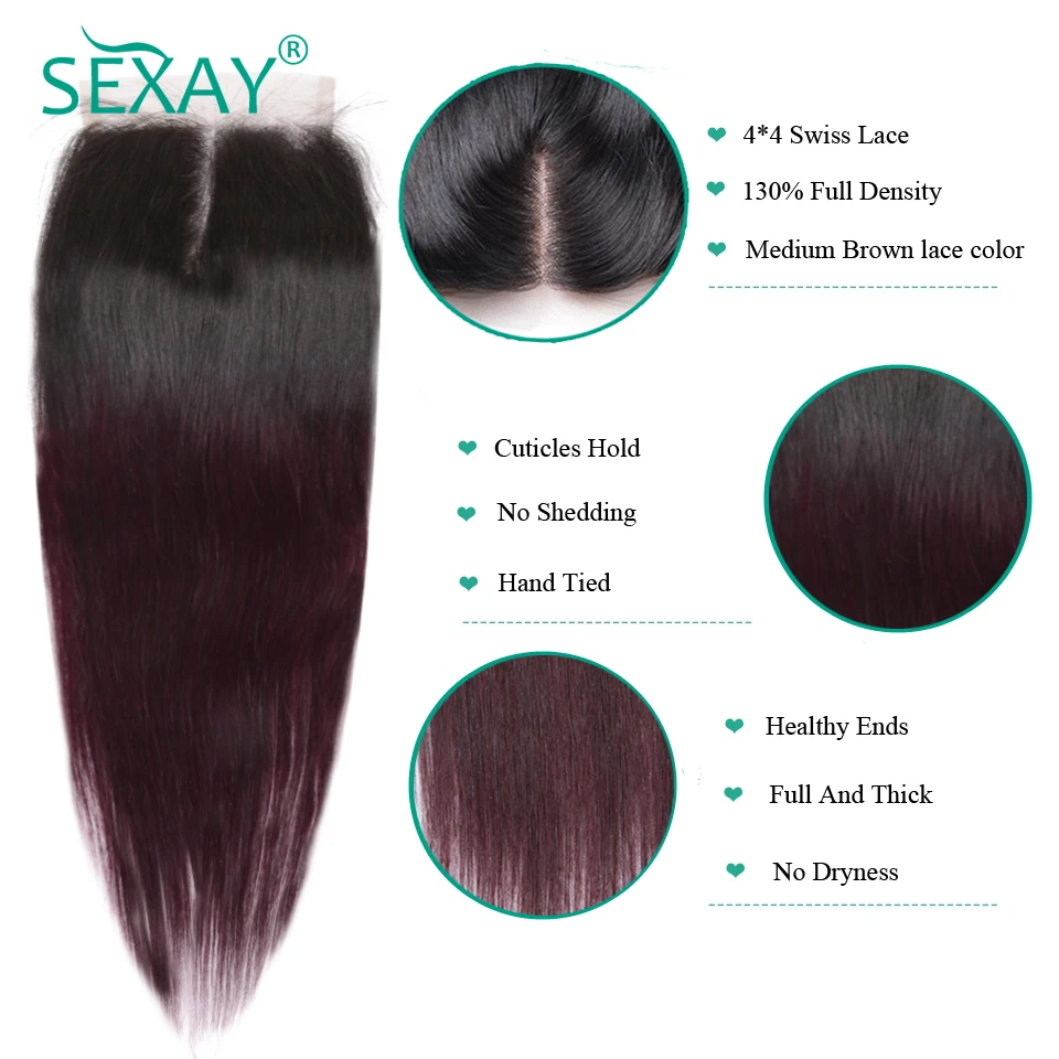  Sexay Ombre Color Hair Brazilian Straight Hair Lace Closures With Baby Hair 2 Tone T1B/99J Burgundy