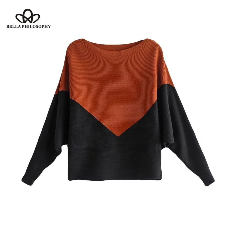 Wonder 2018 new autumn Slash Neck Batwing Sleeve Women Sweaters Pullovers Casual Patchwork Slim Knit ladies Sweater tops